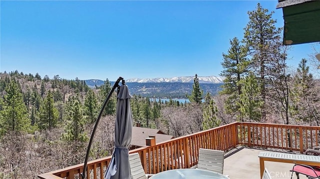 1179 Ridge Rd, Fawnskin, CA 92333 - wooden terrace with a mountain view and a forest view