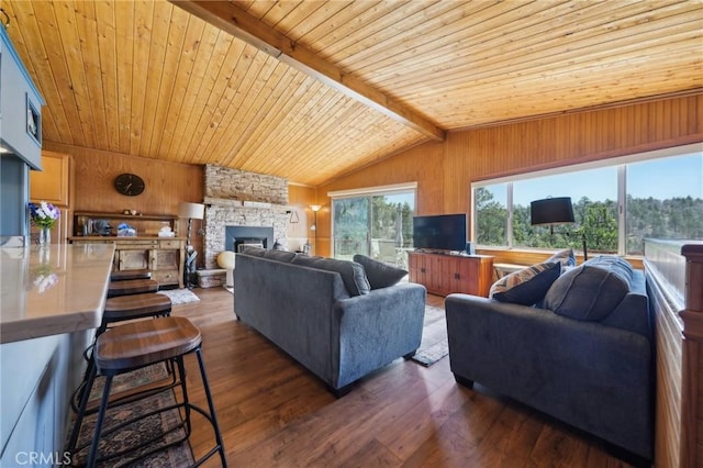 1179 Ridge Rd, Fawnskin, CA 92333 - living area with wooden walls, dark wood finished floors, wood ceiling, and a stone fireplace