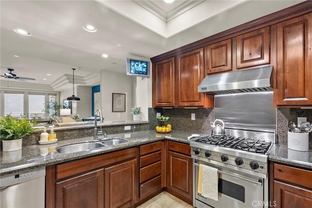 12044 Hoffman St Unit 204, Studio City, CA 91604 - kitchen with designer stove, under cabinet range hood, dishwasher, a sink, and crown molding