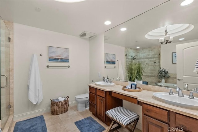 12044 Hoffman St Unit 204, Studio City, CA 91604 - bathroom featuring a shower stall, double vanity, baseboards, toilet, and recessed lighting