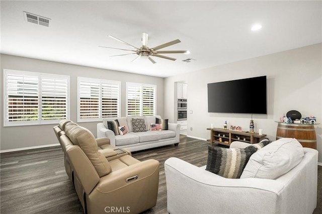 32748 Stonefield Ln, Temecula, CA 92592 - living area with ceiling fan, dark wood-type flooring, and baseboards