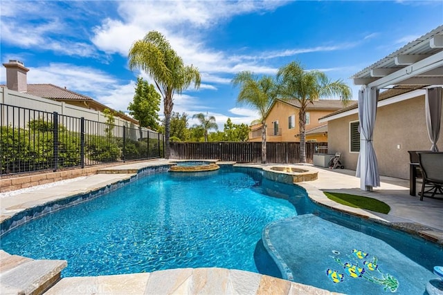 32748 Stonefield Ln, Temecula, CA 92592 - view of swimming pool with a pool with connected hot tub, a fenced backyard, and a patio area