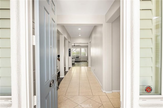 32748 Stonefield Ln, Temecula, CA 92592 - hallway with light tile patterned flooring, baseboards, and recessed lighting