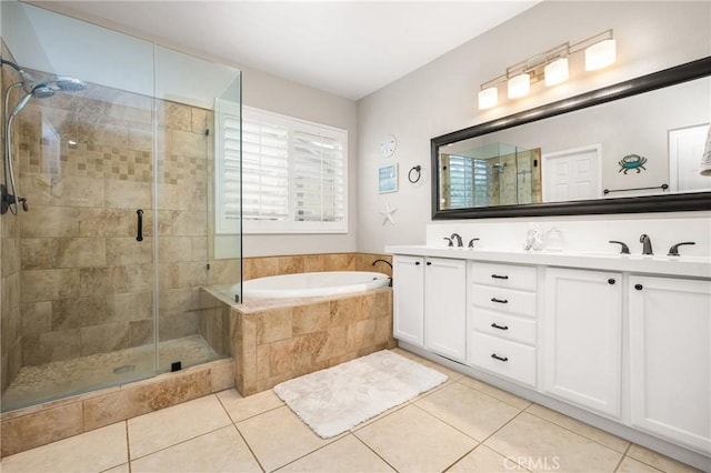 32748 Stonefield Ln, Temecula, CA 92592 - full bathroom with a stall shower, a bath, tile patterned flooring, and double vanity