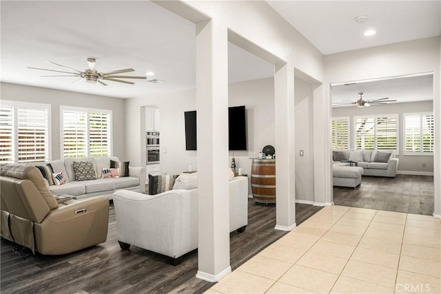 32748 Stonefield Ln, Temecula, CA 92592 - living room featuring ceiling fan, wood finished floors, recessed lighting, and baseboards