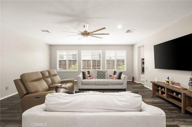 32748 Stonefield Ln, Temecula, CA 92592 - living area featuring ceiling fan, plenty of natural light, baseboards, dark wood finished floors, and recessed lighting