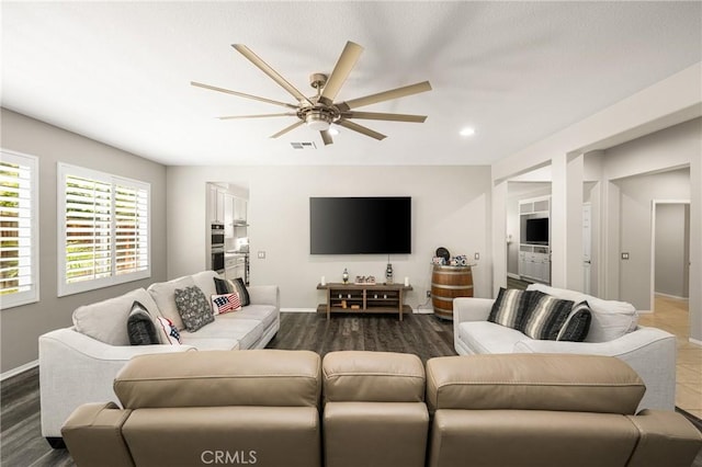 32748 Stonefield Ln, Temecula, CA 92592 - living area featuring a ceiling fan, baseboards, dark wood finished floors, and recessed lighting