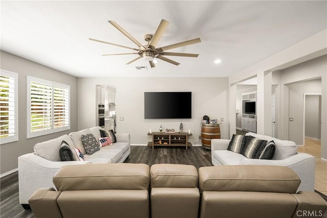 32748 Stonefield Ln, Temecula, CA 92592 - living room with a ceiling fan, baseboards, dark wood finished floors, and recessed lighting