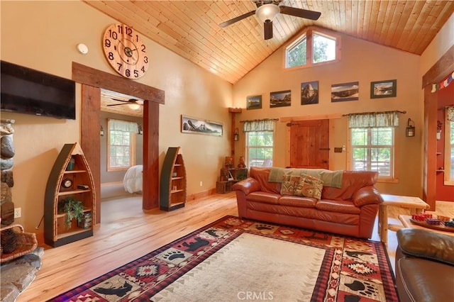7072 Cranes Nest Rd, Mariposa, CA 95338 - living area featuring ceiling fan, wood finished floors, plenty of natural light, high vaulted ceiling, and wooden ceiling