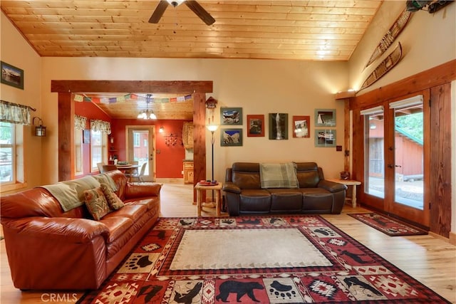 7072 Cranes Nest Rd, Mariposa, CA 95338 - living room featuring wood ceiling, wood finished floors, ceiling fan, vaulted ceiling, and french doors