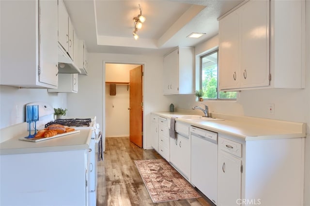 3820 Pinecrest Dr, Mariposa, CA 95338 - kitchen featuring dishwasher, a tray ceiling, under cabinet range hood, light wood finished floors, and white cabinetry