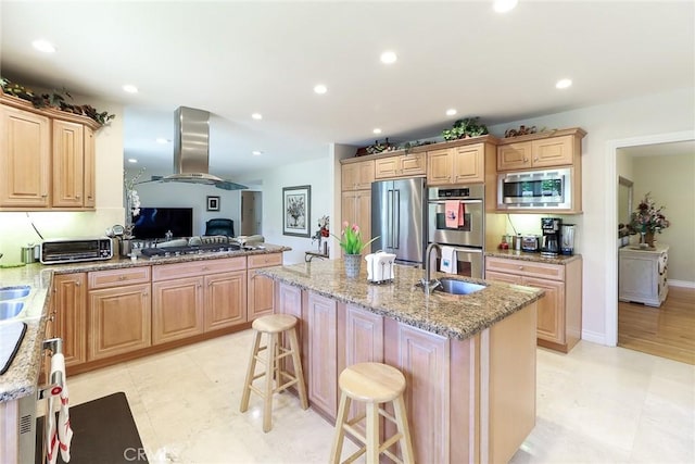 161 W Loretto Ct, Claremont, CA 91711 - kitchen with appliances with stainless steel finishes, island range hood, a sink, light brown cabinets, and a kitchen island with sink