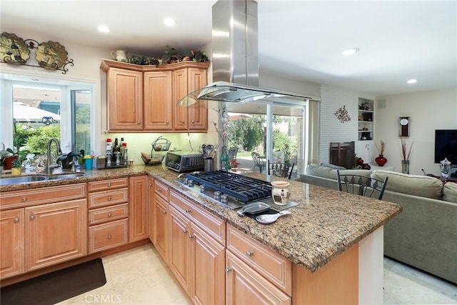 161 W Loretto Ct, Claremont, CA 91711 - kitchen featuring a sink, stainless steel gas stovetop, open floor plan, island exhaust hood, and light stone countertops