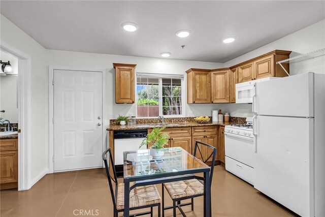4775 Somerset Dr, Riverside, CA 92507 - kitchen featuring white appliances, a sink, finished concrete flooring, brown cabinetry, and recessed lighting