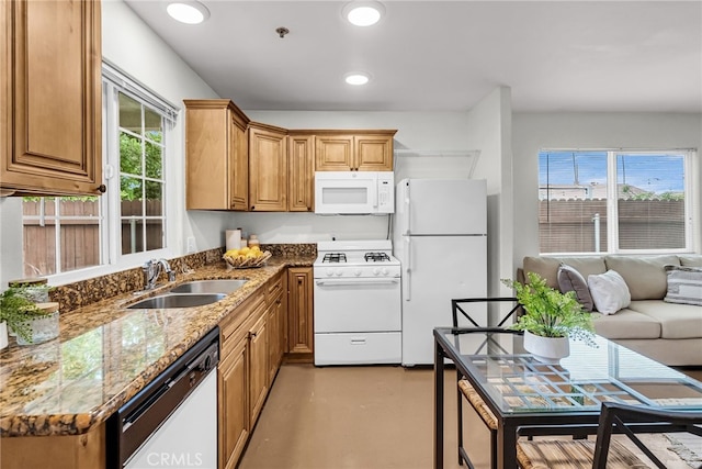 4775 Somerset Dr, Riverside, CA 92507 - kitchen featuring white appliances, a sink, concrete flooring, stone countertops, and recessed lighting
