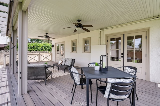 4775 Somerset Dr, Riverside, CA 92507 - wooden terrace with ceiling fan, french doors, and outdoor dining space