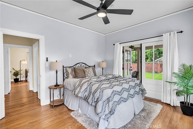 4775 Somerset Dr, Riverside, CA 92507 - bedroom featuring access to exterior, light wood-type flooring, baseboards, ceiling fan, and crown molding