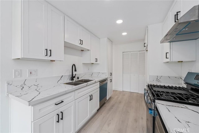 3180 Little Mountain Dr Unit D, San Bernardino, CA 92405 - kitchen featuring stainless steel appliances, under cabinet range hood, a sink, white cabinetry, and light wood-style flooring