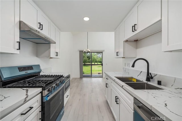 3180 Little Mountain Dr Unit D, San Bernardino, CA 92405 - kitchen featuring appliances with stainless steel finishes, under cabinet range hood, a sink, white cabinetry, and light stone countertops
