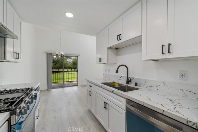 3180 Little Mountain Dr Unit D, San Bernardino, CA 92405 - kitchen with a sink, stainless steel appliances, white cabinetry, and a chandelier