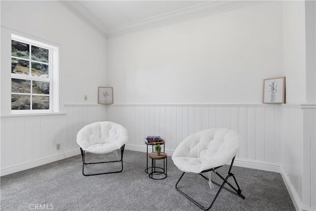 living area with carpet, ornamental molding, and a wainscoted wall