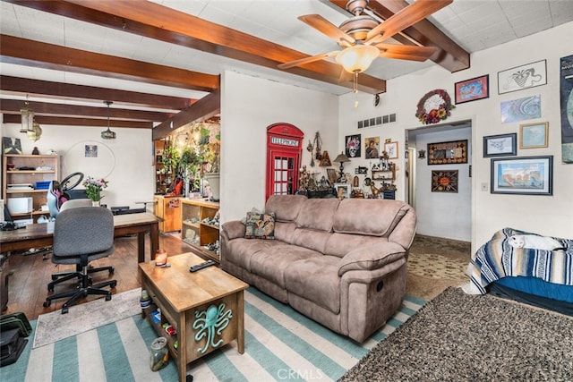 1825 Magnolia Ave, Chico, CA 95926 - living area featuring a desk, beam ceiling, and ceiling fan