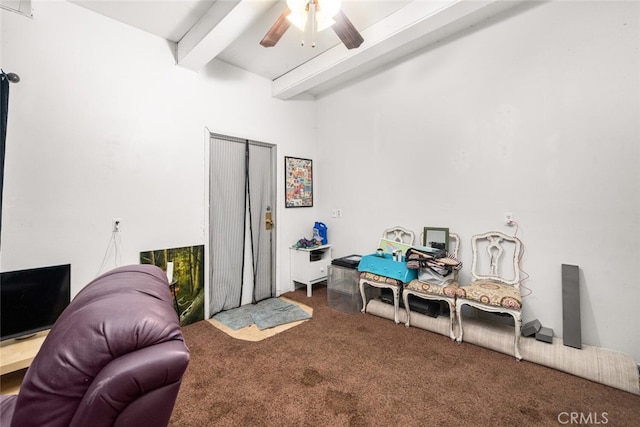 1825 Magnolia Ave, Chico, CA 95926 - interior space featuring beamed ceiling, carpet flooring, and ceiling fan