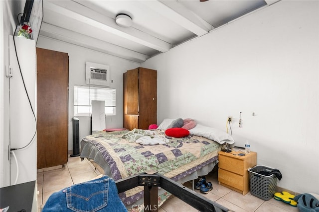 1825 Magnolia Ave, Chico, CA 95926 - bedroom with light tile patterned floors, beamed ceiling, and an AC wall unit