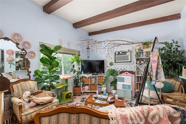 1825 Magnolia Ave, Chico, CA 95926 - living area with beam ceiling and an AC wall unit