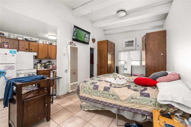 1825 Magnolia Ave, Chico, CA 95926 - bedroom featuring freestanding refrigerator, a heating unit, beam ceiling, light tile patterned floors, and a wall mounted air conditioner