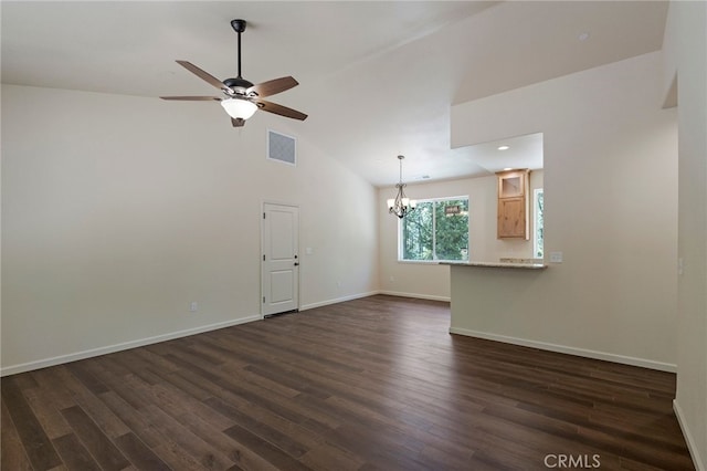 4901 Papaya Rd, Forest Ranch, CA 95942 - unfurnished room featuring a ceiling fan, dark wood-type flooring, a chandelier, baseboards, and high vaulted ceiling