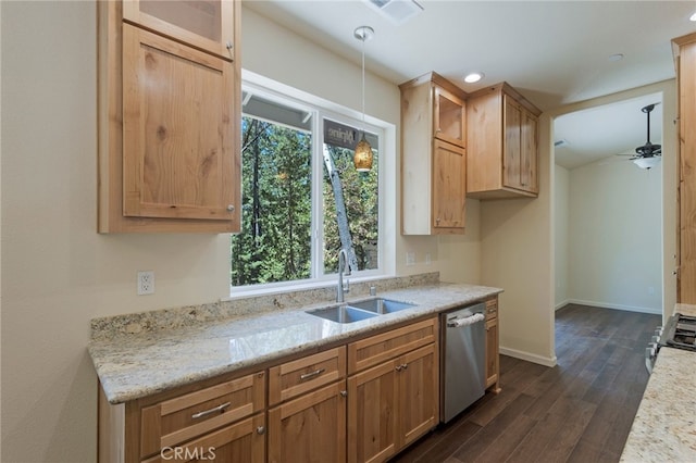 4901 Papaya Rd, Forest Ranch, CA 95942 - kitchen with appliances with stainless steel finishes, a sink, ceiling fan, dark wood-style floors, and decorative light fixtures