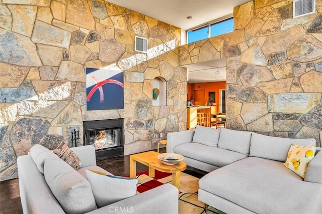 living room with a fireplace