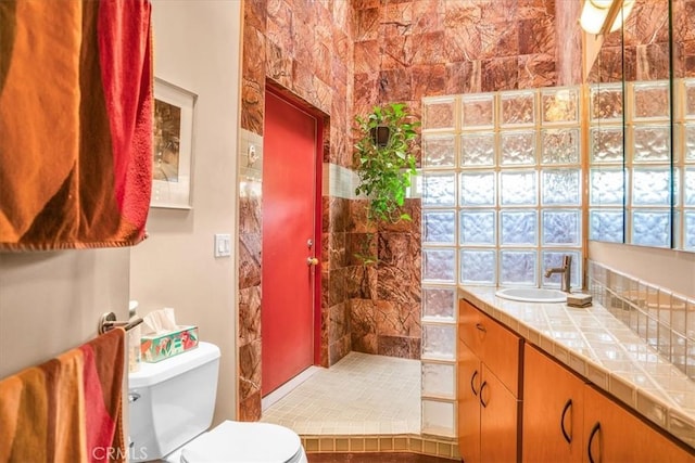 full bathroom featuring toilet, walk in shower, and vanity