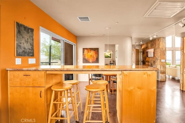 bar area featuring rail lighting, finished concrete floors, and pendant lighting