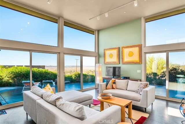 sunroom featuring rail lighting