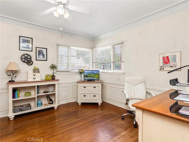 137 N Rose St, Burbank, CA 91505 - office space with crown molding, a ceiling fan, dark wood finished floors, and a decorative wall