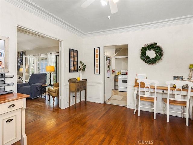 137 N Rose St, Burbank, CA 91505 - dining space with a ceiling fan, ornamental molding, and dark wood-type flooring