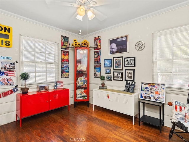 137 N Rose St, Burbank, CA 91505 - playroom with healthy amount of natural light, a ceiling fan, wood finished floors, and ornamental molding