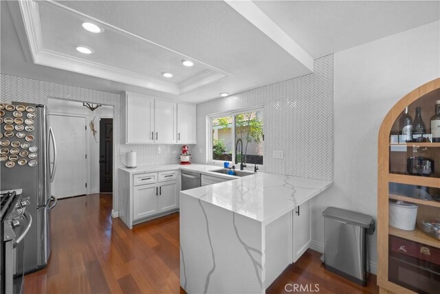 15 Vittoria St, Laguna Niguel, CA 92677 - kitchen featuring a sink, a peninsula, a tray ceiling, stainless steel appliances, and white cabinets