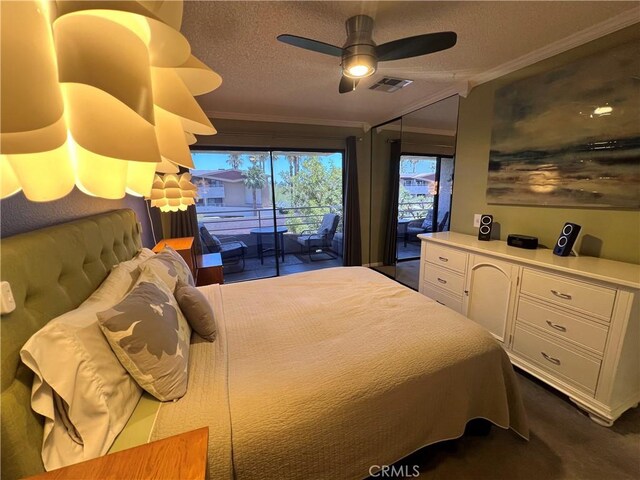 470 S Calle Encilia Unit B11, Palm Springs, CA 92262 - bedroom featuring access to exterior, crown molding, a textured ceiling, and a ceiling fan