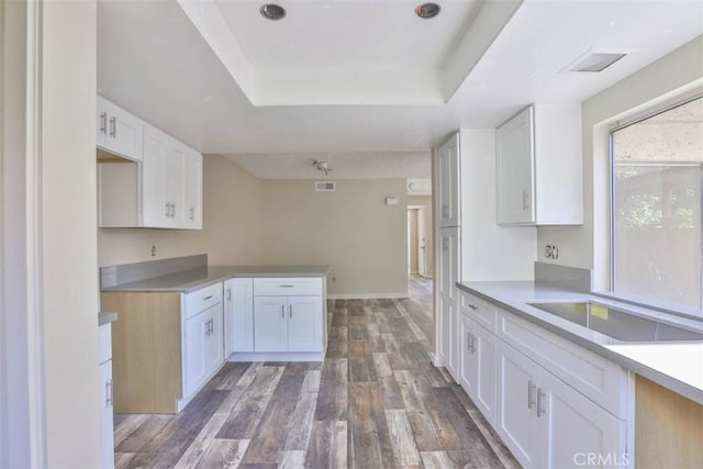 kitchen featuring a raised ceiling, white cabinets, wood finished floors, light countertops, and a peninsula