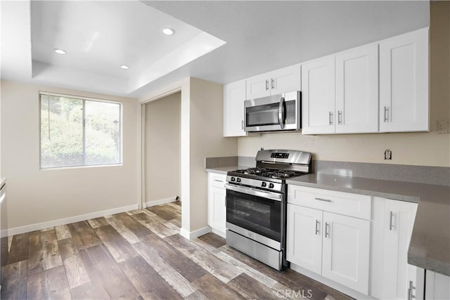 845 Daffodil Dr, Riverside, CA 92507 - kitchen featuring stainless steel appliances, dark wood finished floors, a raised ceiling, white cabinets, and recessed lighting