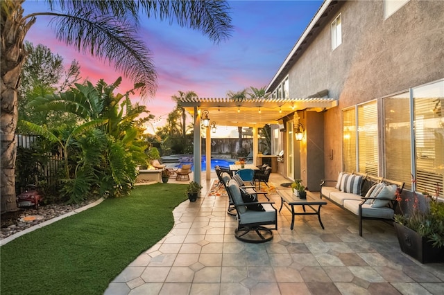 32871 Levi Ct, Temecula, CA 92592 - fenced backyard with outdoor lounge area, a pergola, and a patio area