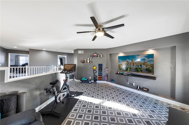 32871 Levi Ct, Temecula, CA 92592 - workout room featuring a ceiling fan and baseboards