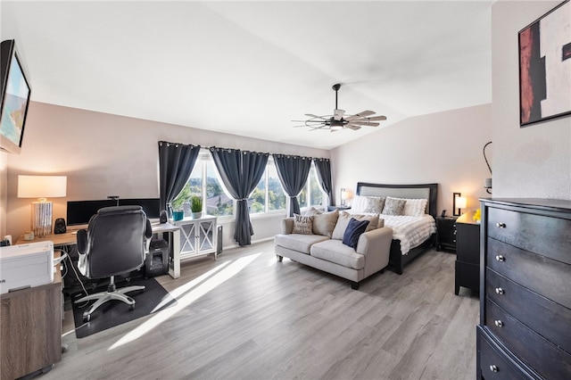 32871 Levi Ct, Temecula, CA 92592 - bedroom with vaulted ceiling, light wood-type flooring, an office area, and ceiling fan