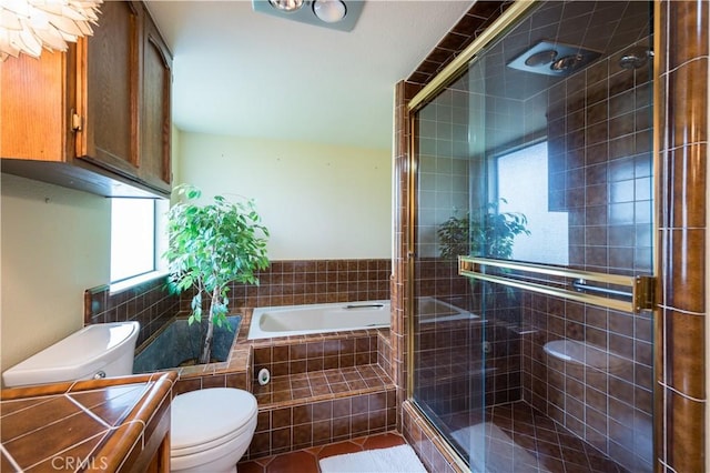 3876 Orcutt Rd, San Luis Obispo, CA 93401 - bathroom featuring toilet, a garden tub, a shower stall, and tile patterned flooring