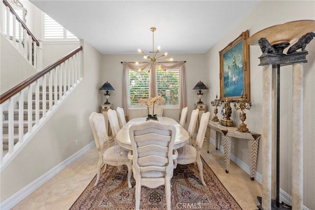 27781 Country Lane Rd, Laguna Niguel, CA 92677 - dining room featuring a chandelier, stairs, baseboards, and light tile patterned floors