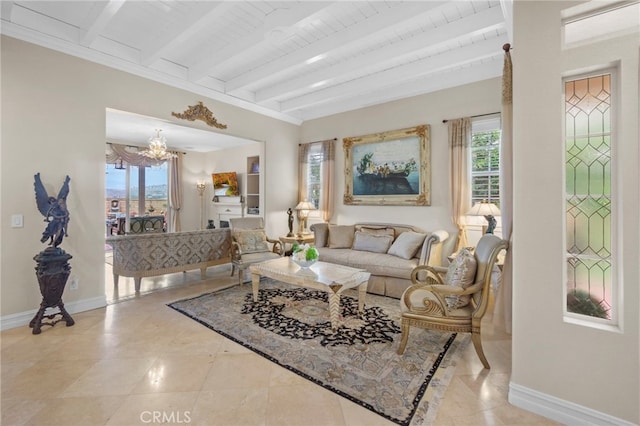 27781 Country Lane Rd, Laguna Niguel, CA 92677 - tiled living area featuring beam ceiling, plenty of natural light, a chandelier, and baseboards