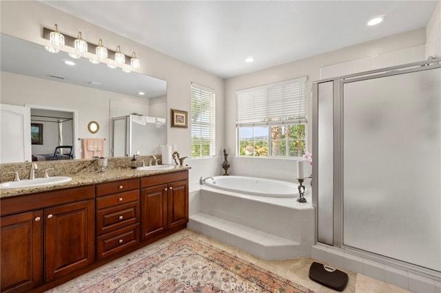 27781 Country Lane Rd, Laguna Niguel, CA 92677 - ensuite bathroom featuring double vanity, a shower stall, a garden tub, and recessed lighting